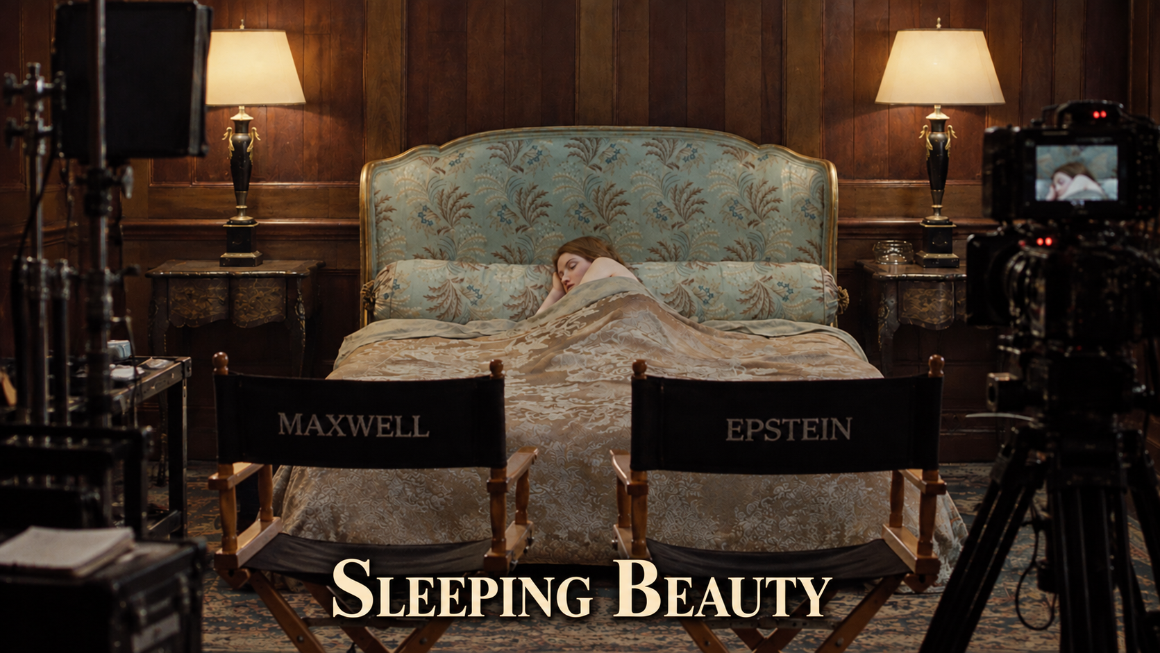 Film set with two director chairs facing a sleeping figure and the title Sleeping Beauty